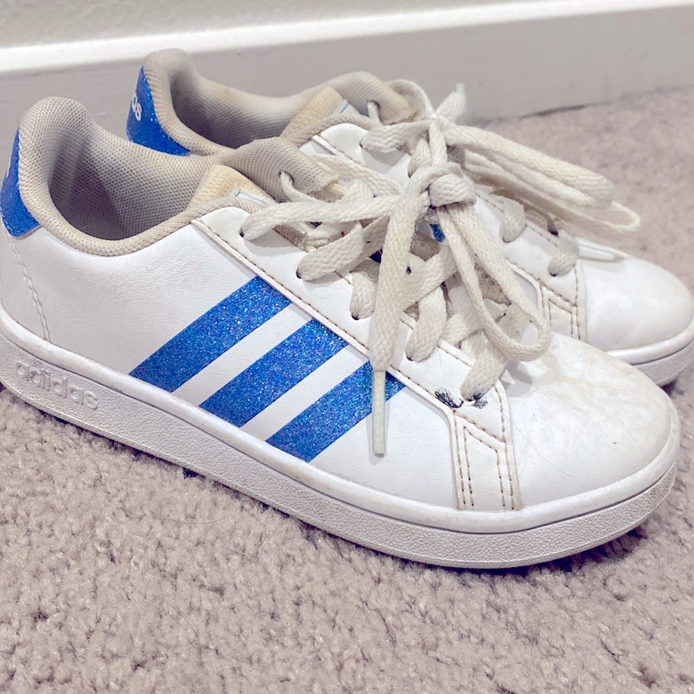 Adidas girls size 11. White with blue sparkle